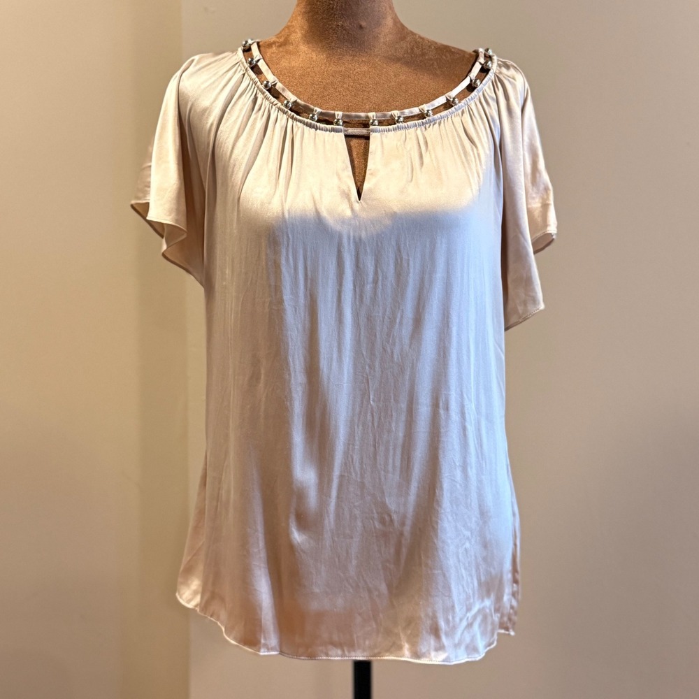 WHBM Blouse Womens S Champagne Silk Beaded Neck Quiet Luxury Feminine Romantic